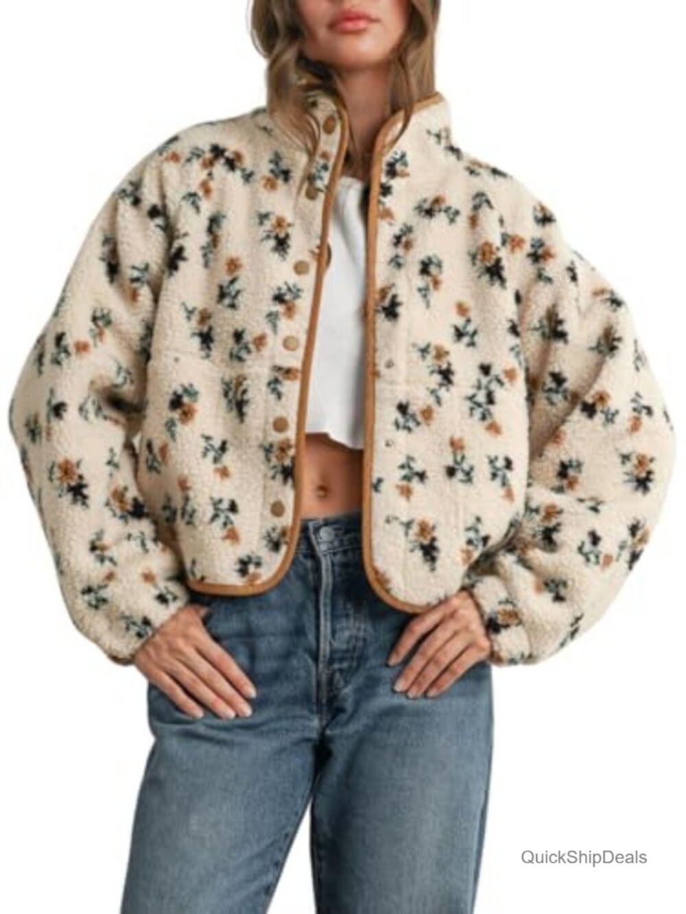 Women's Floral Print Fluffy Fleece Jacket Faux Fur Snap Closure Casual Winter